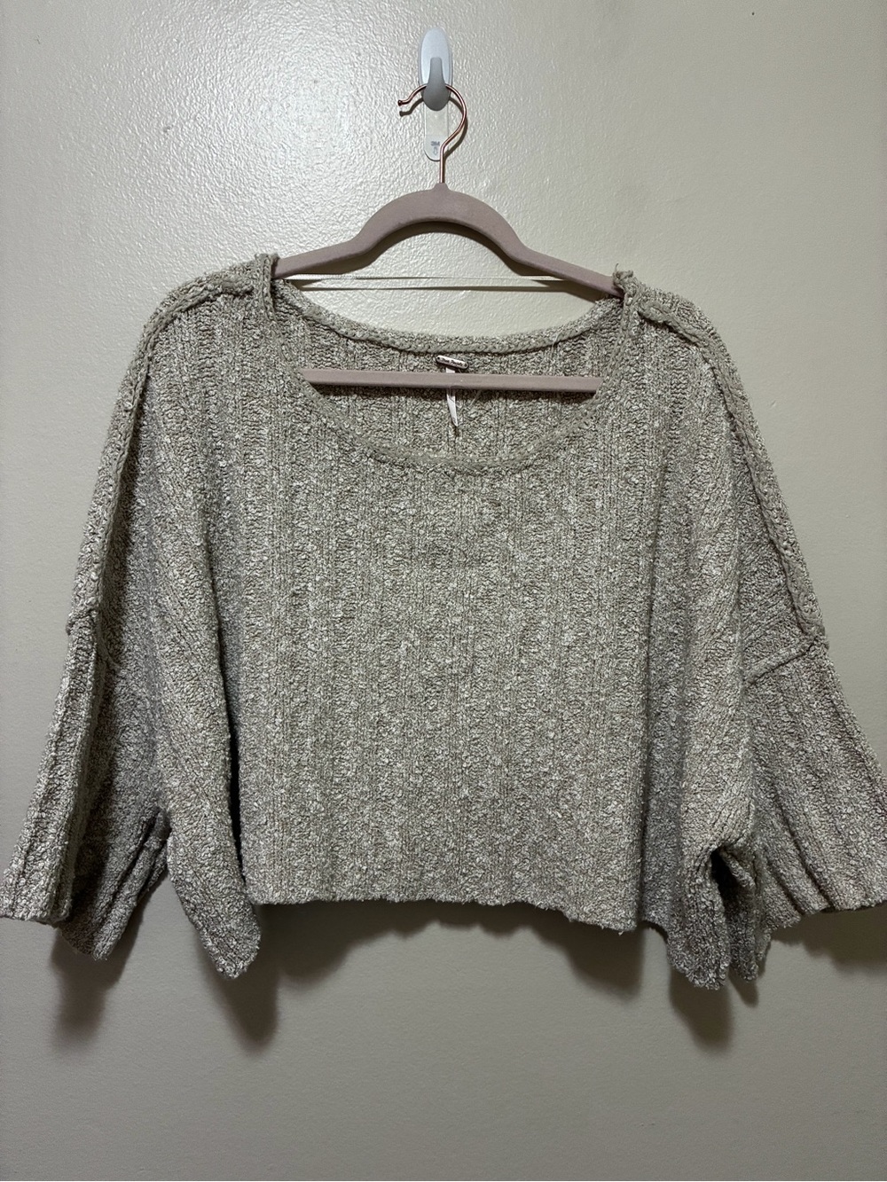 Free People Textured Cropped Knit Sweater in Taupe size xs oversized